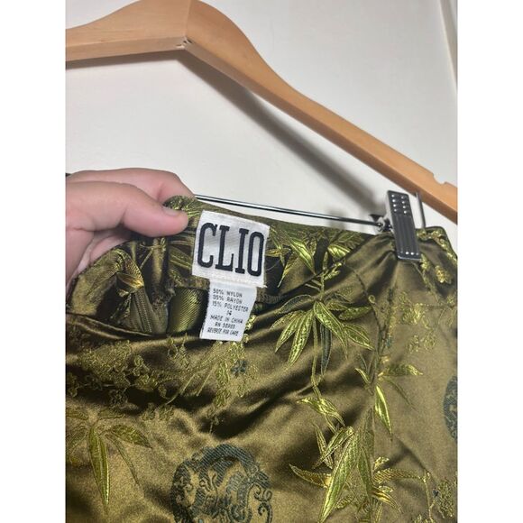 CLIO deadstock VTG Satin Skirt Size 14 Olive Green Asian Inspired Beaded Fringe - Picture 5 of 6